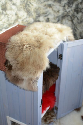 Öko Lammfell Katzenbett Beige getupft Fensterfell